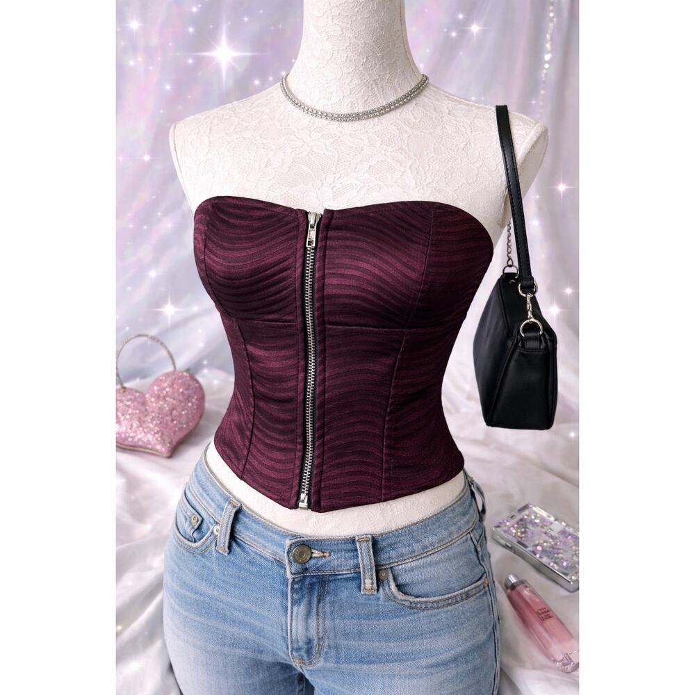 Jessica McClintock Wine Jacquard Strapless Bustier Top Sz 8 Formal Y2K. Vixen